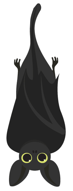 Illustration of a cute bat hanging upside down, with large eyes and dark wings wrapped around its body.
