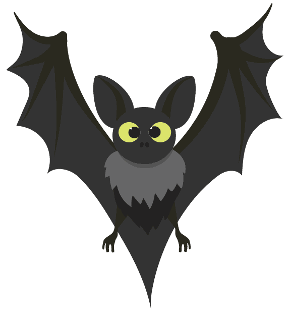 Illustration of a cartoon bat with large yellow eyes, outstretched wings, and a fluffy gray chest against a white background.