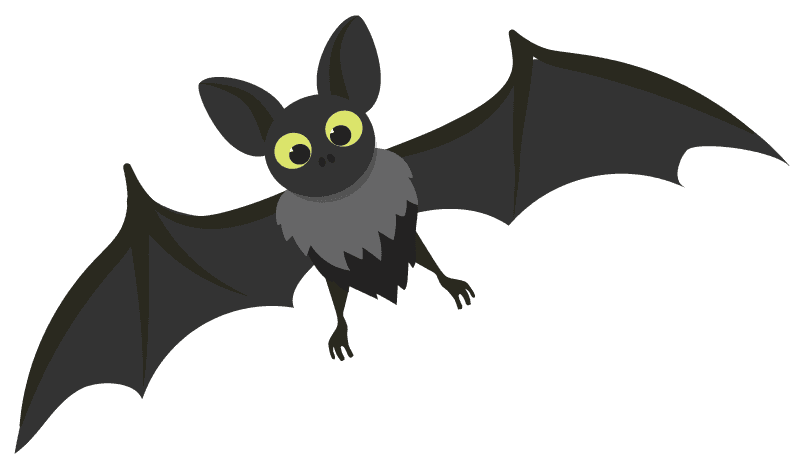 Illustration of a cartoon bat with large yellow eyes, dark fur, and outstretched wings, flying against a white background.
