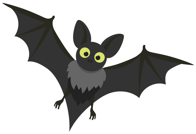 Cartoon bat with large yellow eyes, black wings, and gray fur, flying against a white background.